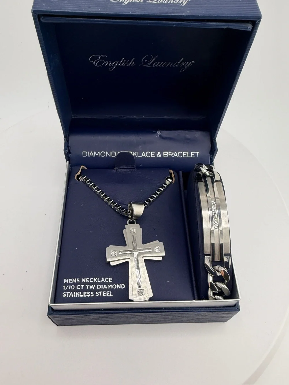 English Laundry 1/10 ct. Diamond & Stainless Steel Cross Necklace With Matching